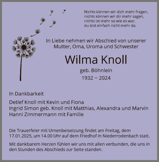 Traueranzeige von Wilma Knoll von FNP