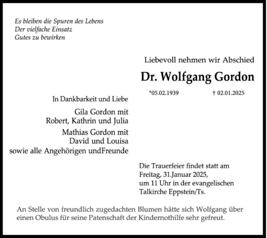 Traueranzeige von Wolfgang Gordon von FNP