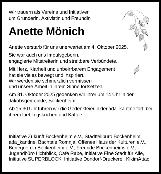 Traueranzeige von Anette Mönich 