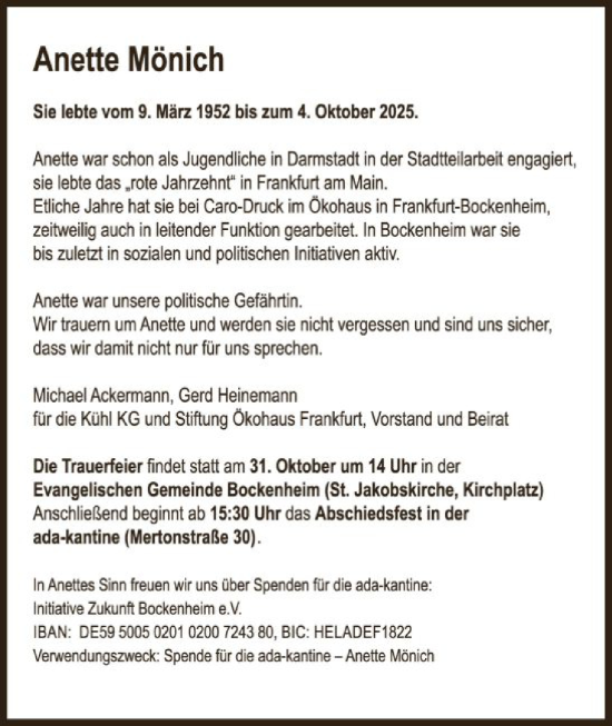Traueranzeige von Anette Mönich von FNP