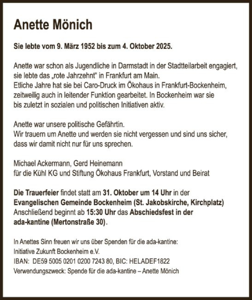  Traueranzeige für Anette Mönich vom 18.10.2025 aus FNP