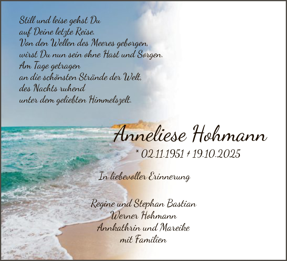  Traueranzeige für Anneliese Hohmann vom 25.10.2025 aus FNP