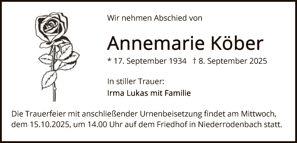  Traueranzeige für Annemarie Köber vom 11.10.2025 aus FNP