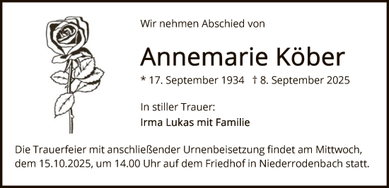 Traueranzeige von Annemarie Köber von FNP
