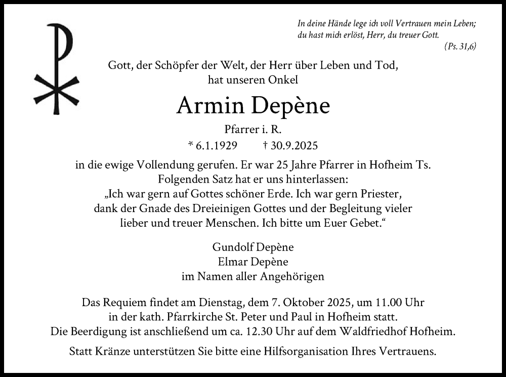  Traueranzeige für Armin Depéne vom 04.10.2025 aus FNP
