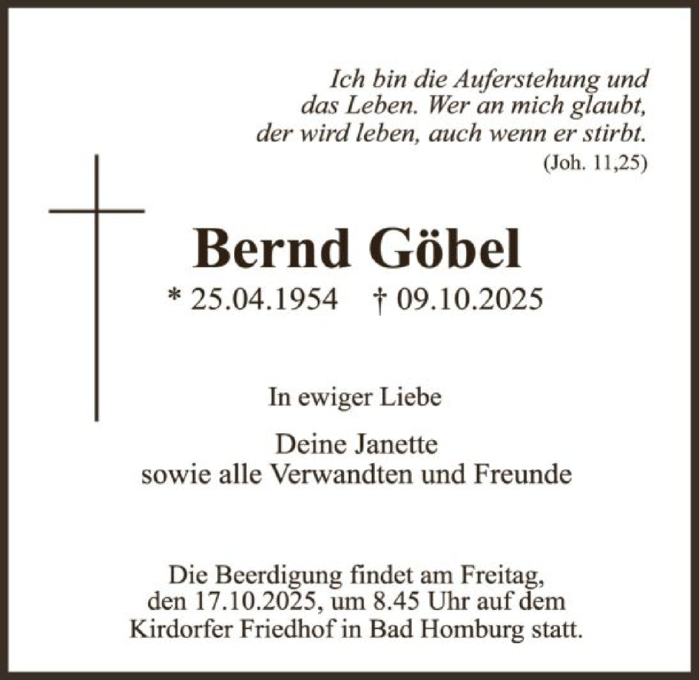  Traueranzeige für Bernd Göbel vom 15.10.2025 aus FNP