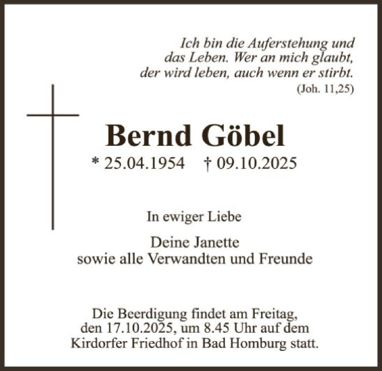 Traueranzeige von Bernd Göbel von FNP