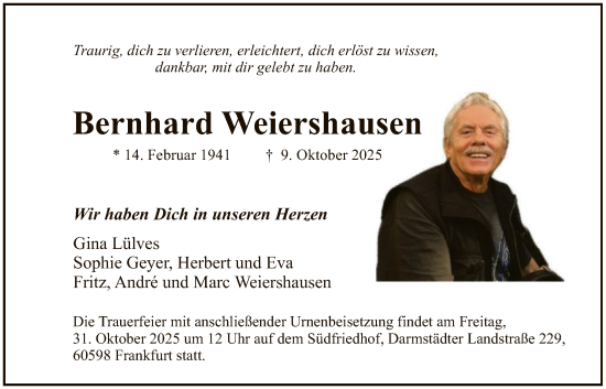 Traueranzeige von Bernhard Weiershausen von FNP