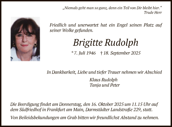 Traueranzeige von Brigitte Rudolph von FNP