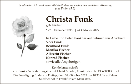 Traueranzeige von Christa Funk von FNP