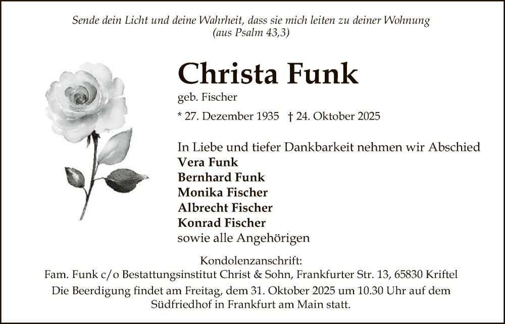  Traueranzeige für Christa Funk vom 29.10.2025 aus FNP