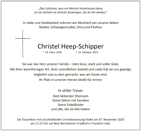 Traueranzeige von Christel Heep-Schipper von FNP