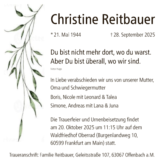 Traueranzeige von Christine Reitbauer von FNP