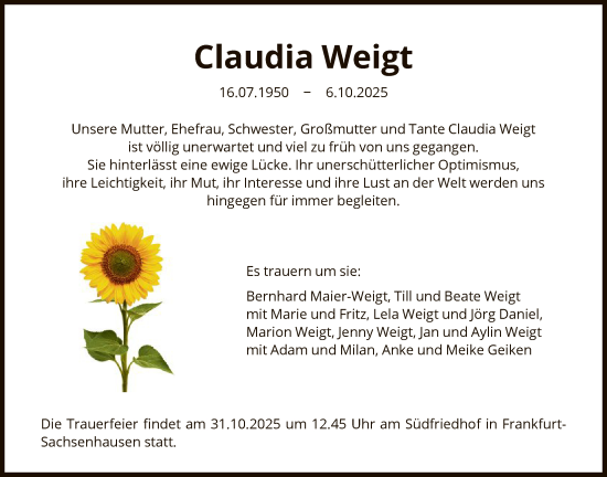 Traueranzeige von Claudia Weigt von FNP