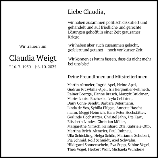 Traueranzeige von Claudia Weigt von FNP