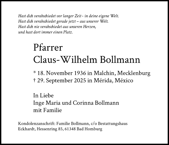 Traueranzeige von Claus-Wilhelm Bollmann von FNP