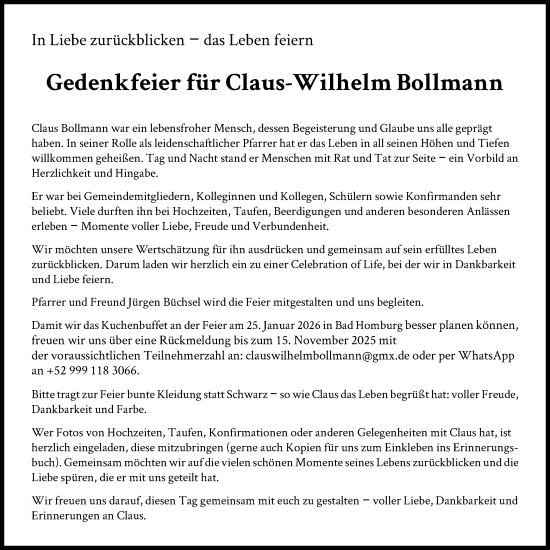 Traueranzeige von Claus-Wilhelm Bollmann von FNP