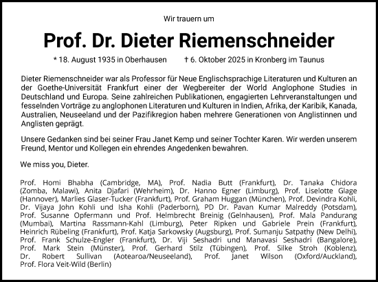 Traueranzeige von Dieter Riemenschneider von FNP