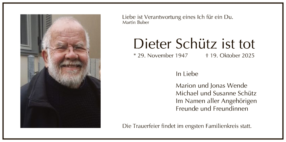  Traueranzeige für Dieter Schütz vom 25.10.2025 aus FNP