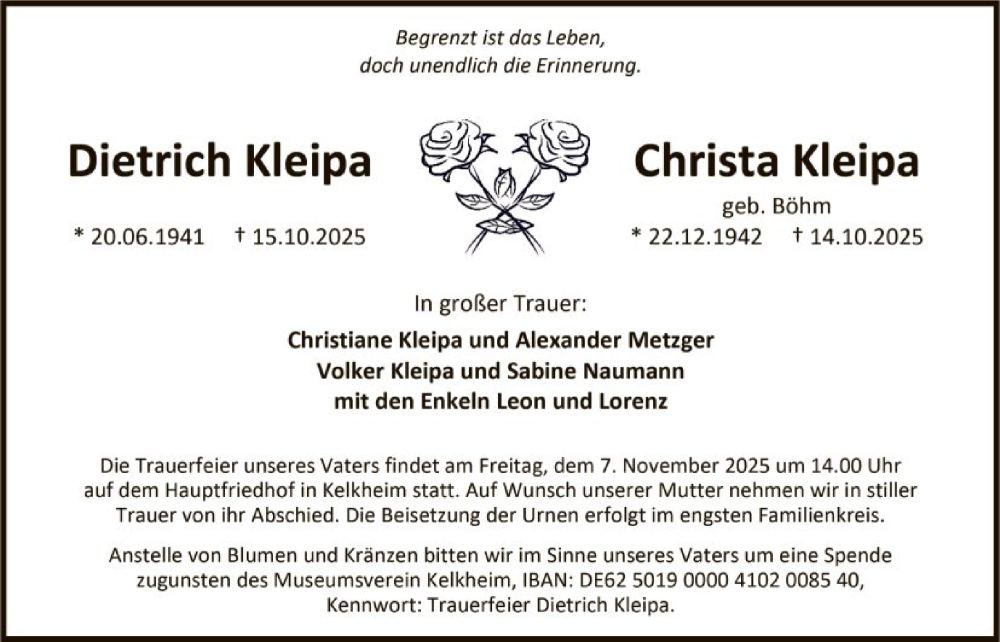  Traueranzeige für Dietrich Kleipa vom 01.11.2025 aus FNP