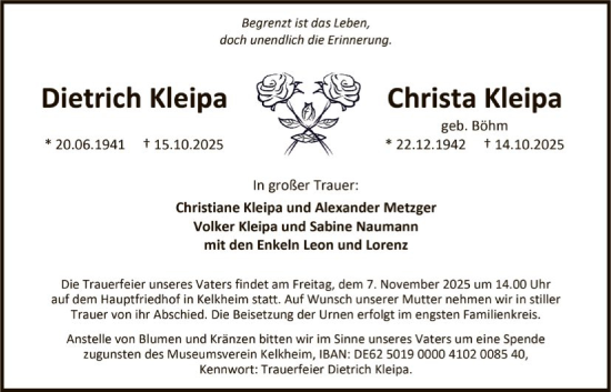 Traueranzeige von Dietrich Kleipa von FNP