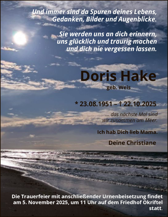 Traueranzeige von Doris Hake von FNP