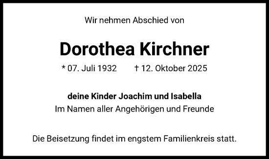 Traueranzeige von Dorothea Kirchner von FNP