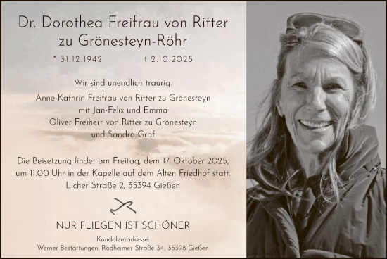 Traueranzeige von Dorothea von Ritter zu Grönesteyn von FNP