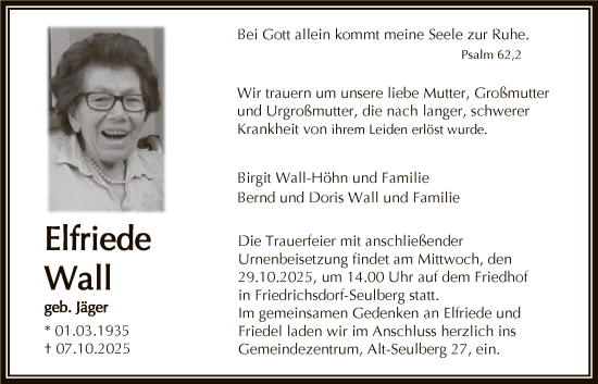 Traueranzeige von Elfriede Wall von FNP