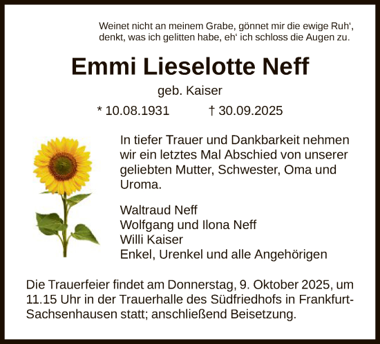 Traueranzeige von Emmi Lieselotte Neff von FNP