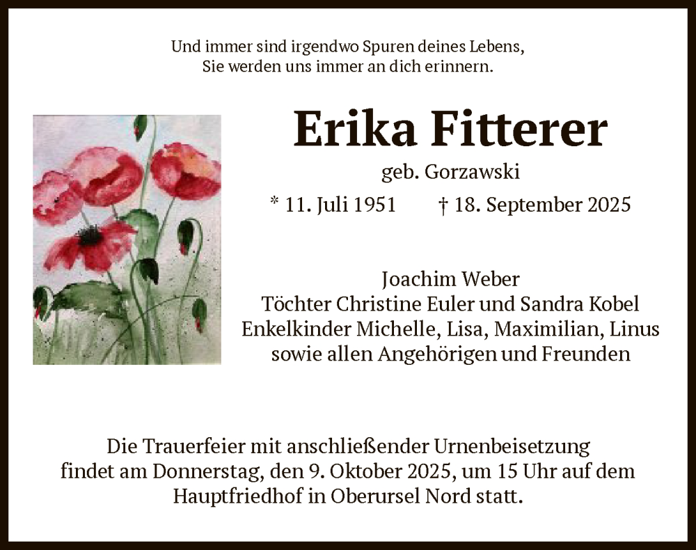  Traueranzeige für Erika Fitterer vom 04.10.2025 aus FNP