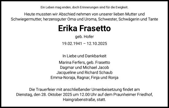 Traueranzeige von Erika Frasetto von FNP