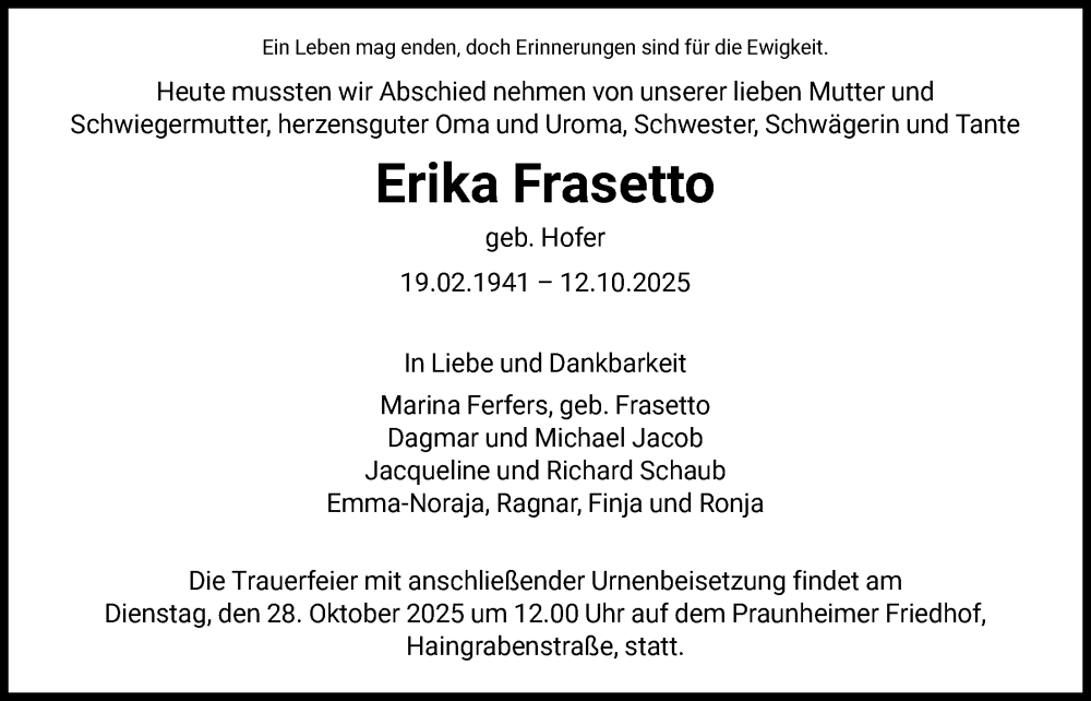  Traueranzeige für Erika Frasetto vom 18.10.2025 aus FNP