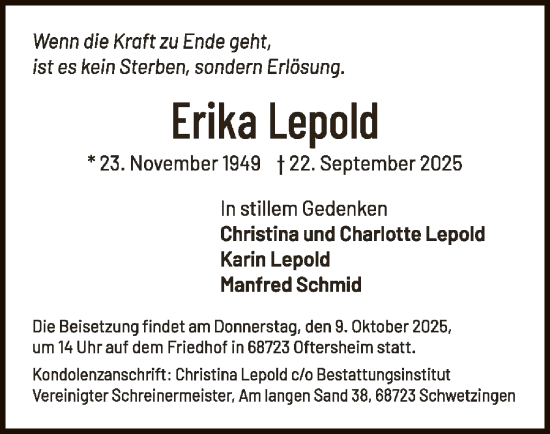 Traueranzeige von Erika Lepold von FNP