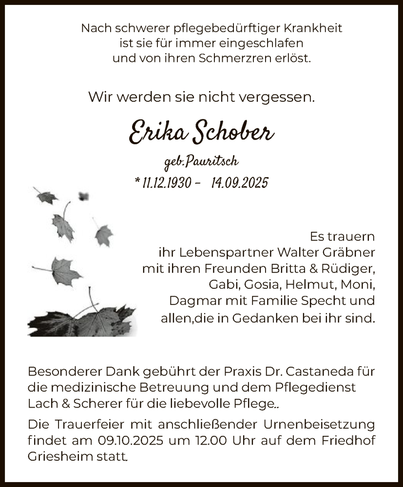  Traueranzeige für Erika Schober vom 04.10.2025 aus FNP