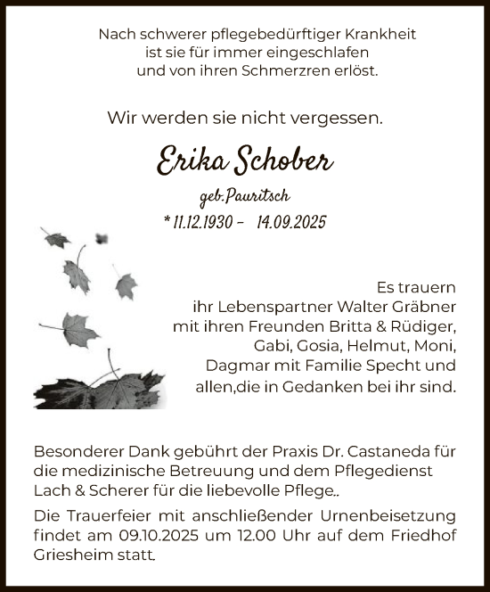 Traueranzeige von Erika Schober von FNP