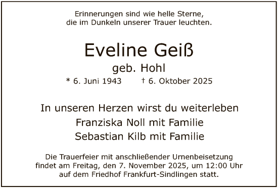 Traueranzeige von Eveline Geiß von FNP