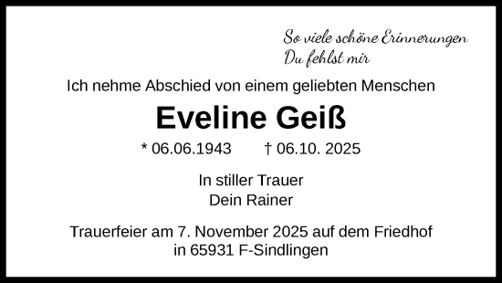Traueranzeige von Eveline Geiß von FNP