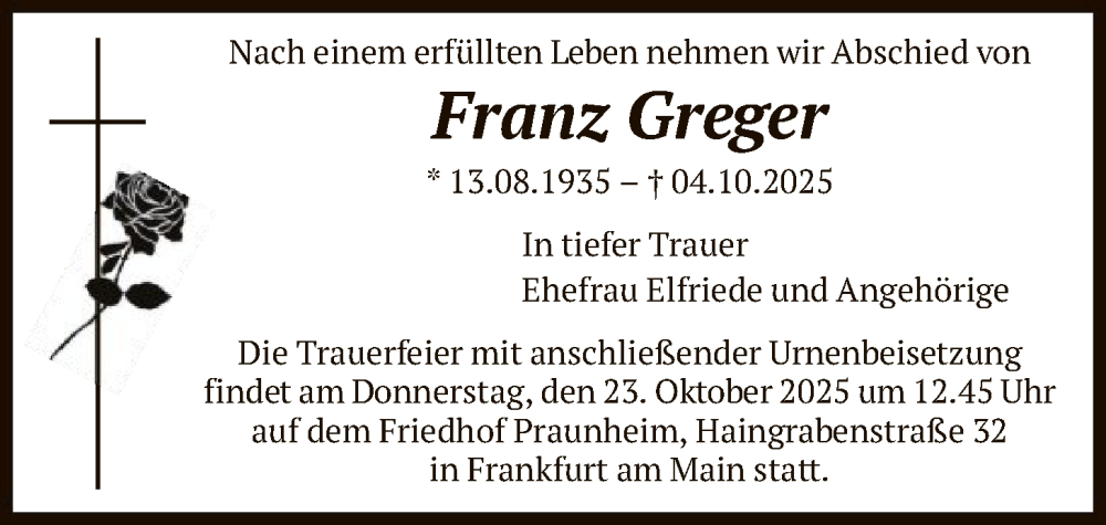  Traueranzeige für Franz Greger vom 18.10.2025 aus FNP