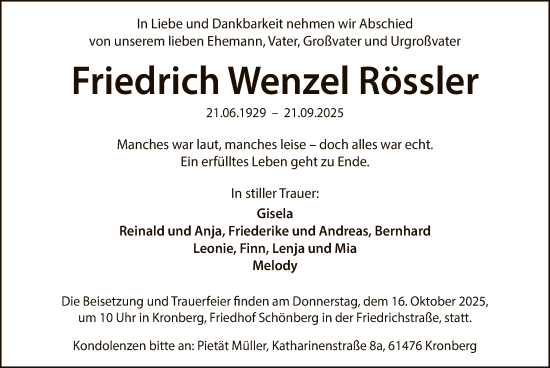 Traueranzeige von Friedrich Wenzel Rössler von FNP