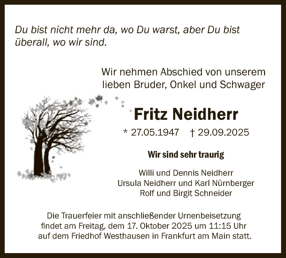  Traueranzeige für Fritz Neidherr vom 11.10.2025 aus FNP
