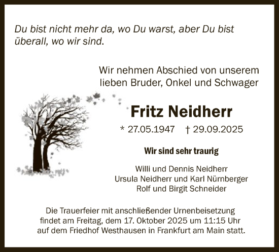 Traueranzeige von Fritz Neidherr von FNP