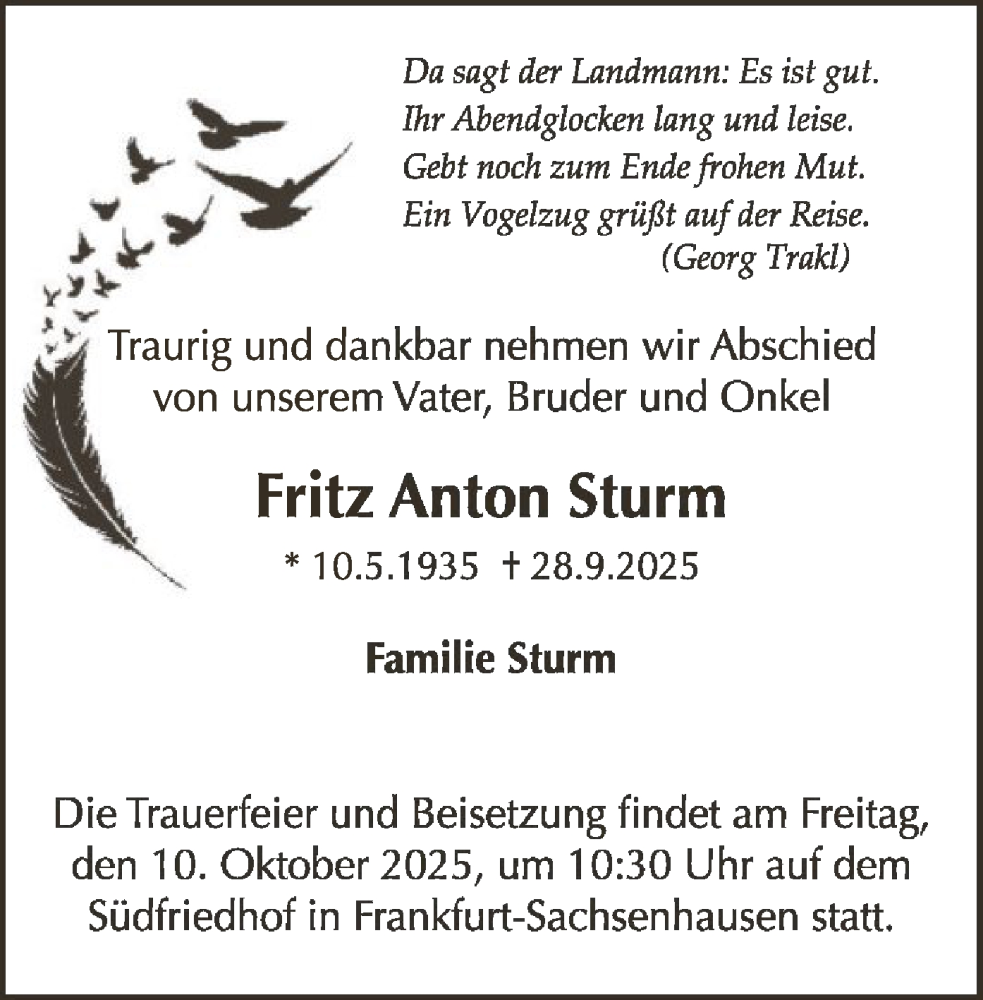  Traueranzeige für Fritz Anton Sturm vom 04.10.2025 aus FNP