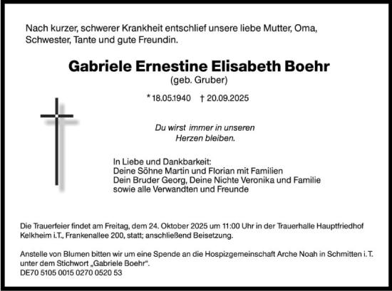 Traueranzeige von Gabriele Ernestine Elisabeth Boehr von FNP