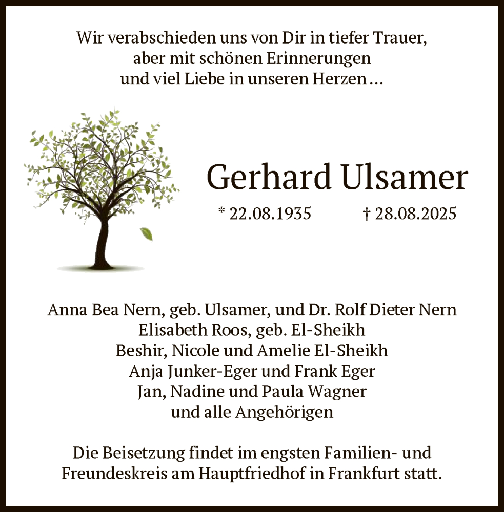  Traueranzeige für Gerhard Ulsamer vom 04.10.2025 aus FNP