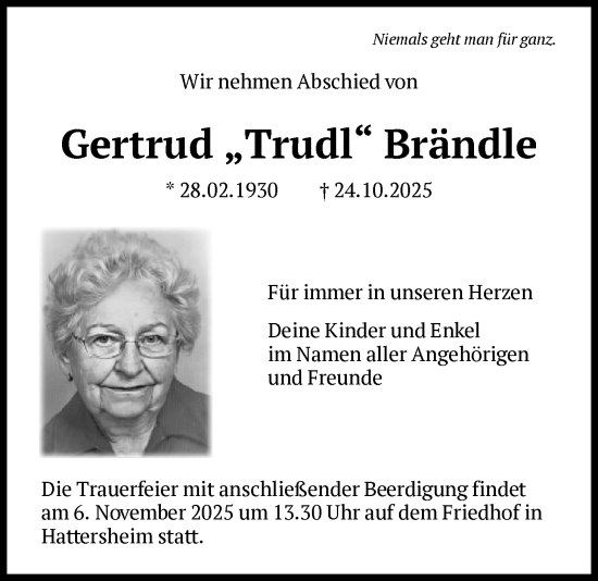 Traueranzeige von Gertrud Brändle von FNP