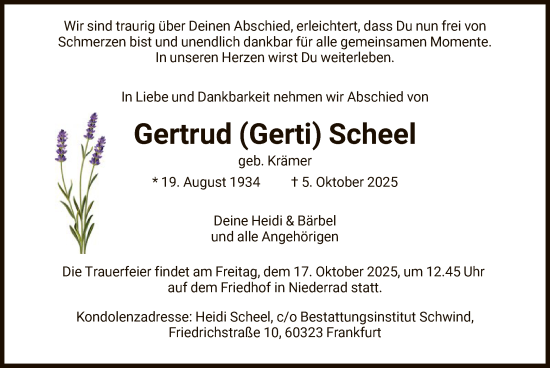 Traueranzeige von Gertrud Scheel von FNP