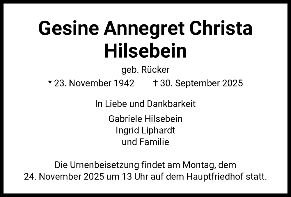  Traueranzeige für Gesine Annegret Christa Hilsebein vom 04.10.2025 aus FNP