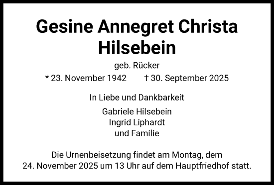 Traueranzeige von Gesine Annegret Christa Hilsebein von FNP