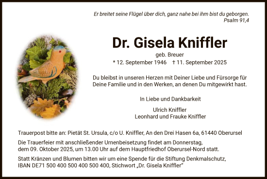 Traueranzeige von Gisela Kniffler von FNP